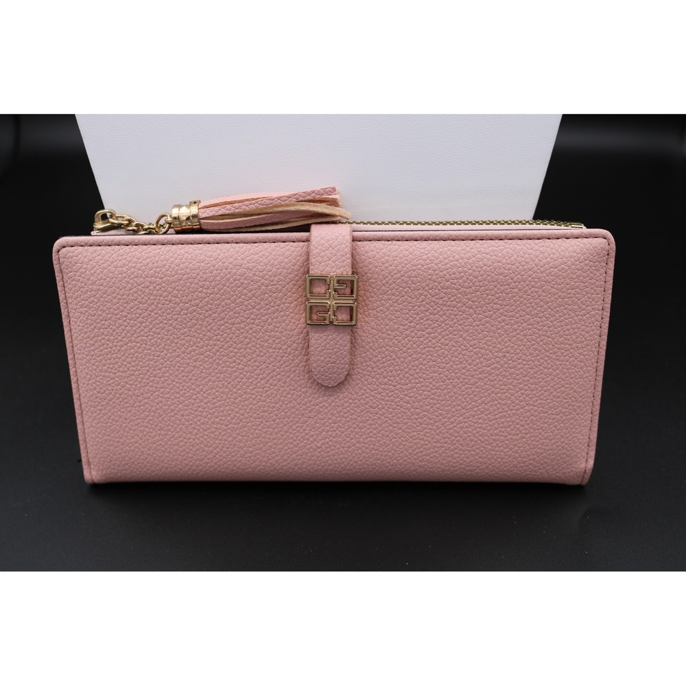 Slim Bifold Wallet Pebbled Pink Gold Tone Hardware Tassel Zip Clutch initialed